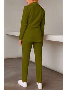 Elegante conjunto de traje liso de manga larga con cuello chal y doble botón para mujer, con bolsillos, para oficina y trabajo. - Verde militar - Ver 4