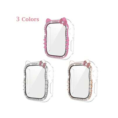 Funda brillante con lazo de gato de dibujos animados compatible con Apple Watch SE/Series 9/8/7/6/5/4 de 40mm y 41mm, con protector de pantalla de vidrio templado. Funda protectora de cristal diamante de cobertura completa para accesorios de reloj S9 S8 S7 de 41mm