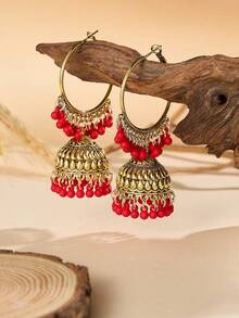 一对时尚迷人的水晶花朵吊坠耳环，宝莱坞风格仿珍珠吊坠首饰，优雅的传统巴基斯坦吉姆卡耳环，适合女性日常、节日、婚礼、派对佩戴，也是一份珍贵的珠宝礼物。