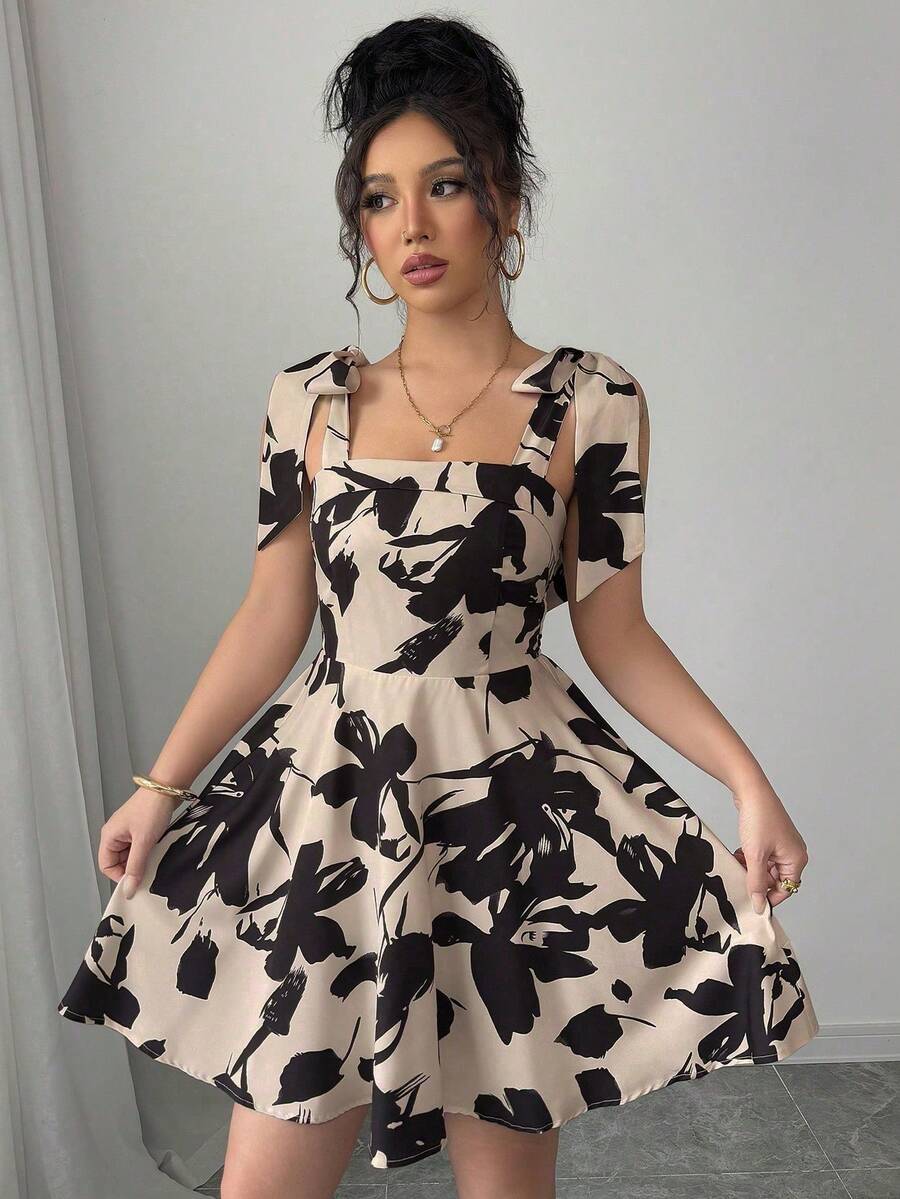 Vestido corto estampado de mujer,vestido sin mangas con lazo,vestidos casuales para mujer,vestidos para dama - Caqui - Ver 1