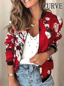 Plus Size Women Casual Printed Jacket Spring Vacation - Red - View 1