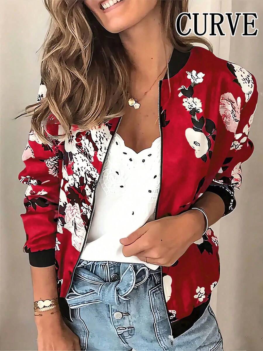 Plus Size Women Casual Printed Jacket Spring Vacation - Red - View 1