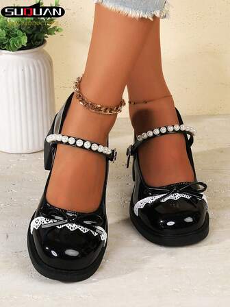 1 Pair Black Mirror PU Mary Jane Platform Shoes For Women, Pearl Decor Thick Sole Mary Jane Shoes, Stitching Detail Thick Sole Mary Jane Shoes, Summer Vacation Shoes, Back To School Shoes, College Oxfords, Witch Spring Shoes, Spring Break, Cute Bow Round Toe Thick Sole Wedge Loafers, Women's Halloween Witch Shoes For Autumn/Winter