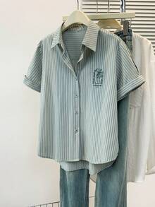 YUXIN Áo sơ mi tay ngắn vai thêu sọc dọc dành cho nữ, thiết kế mùa hè, cổ áo POLO, dáng rộng, thường ngày - màu xanh lá - Xem 3