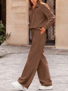 Women's 2 Piece Outfits Casual Lapel Half Zip Sweatshirts And Wide Leg Pants Tracksuit Sets Vacation Spring  Fall Outfits For Women - 棕色 - 查看 5