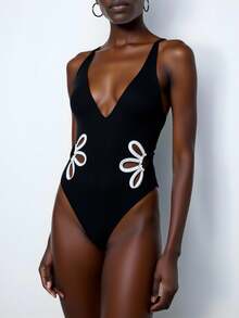 SHEIN Summer Beach Women Fashionable Floral Hollow-Out One-Piece Swimsuit - Black - View 1