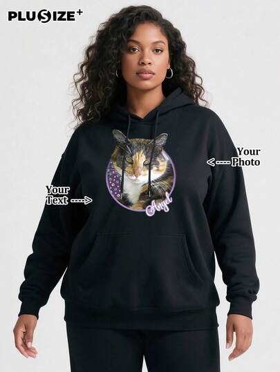 Customizable Plus Size Black Hooded Sweatshirt, Add Your Favorite Design To Make Your Even More Stylish!