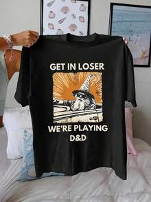 Men's  T-Shirt - Funny "GET IN LOSER WE'RE PLAYING D&D" Graphic Tee, Machine Washable RPG Gamer Shirt For Tabletop Gaming Sessions, Casual D&D Party Outfit - Perfect Gift For Dungeons Master & Players, Comfortable Fit,Freedom Shirt,Halloween Costumes For Men,Christmas,Funny Shirt,Graphic Tee,Vintage,Y2K - 黑色 - 查看 1