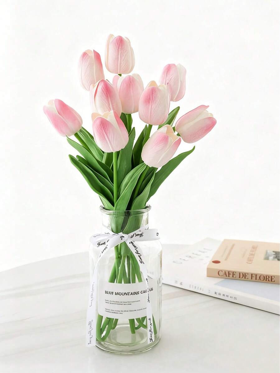 1/5/10/20pcs Lifelike Gradient Pink Artificial Tulips, Suitable For Home Decor, Valentine's Day Gift, Hotel, Party, Wedding, Tabletop Decoration, Beautiful Scentless