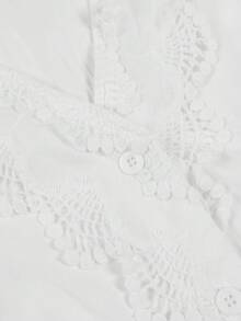 ii Plus Size Casual Solid Color Lace Patchwork Ruffle Trim Long Sleeve Top White Spring - White - View 7