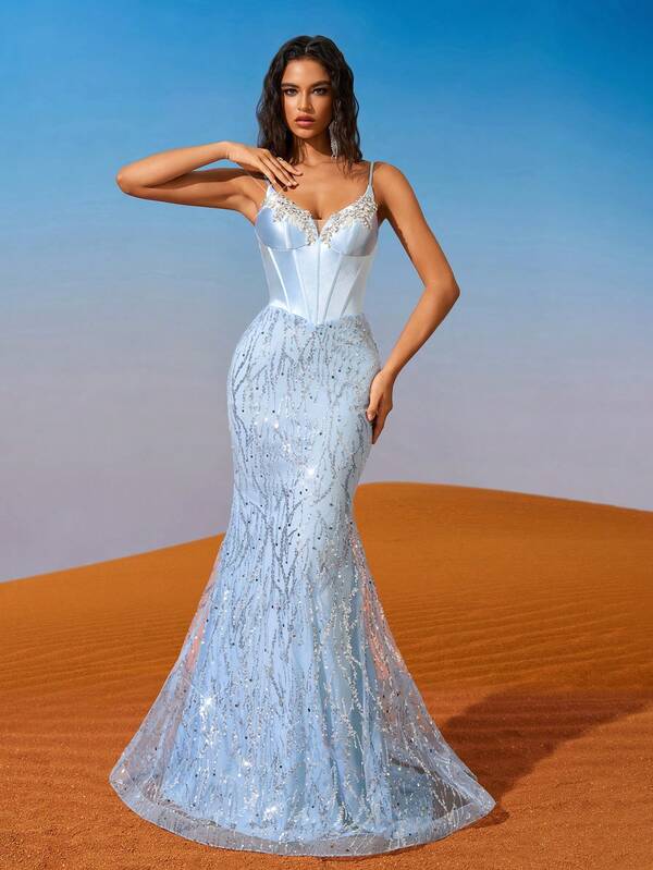 AOSHABABI Light Blue Sleeveless Adjustable Shoulder Strap Maxi Dress, Handcrafted Rhinestone Embellished Bodice, Mermaid Hem With Shimmering Starry Accents, Criss-Cross Back Design, Suitable For Formal Occasions, Music Festivals, Galas, Wedding Guest, Holiday Parties, Prom, Cocktail Events, Dates, Vacations, And Bridesmaid Dresses