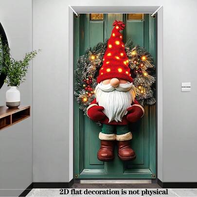 1pc 35.4x70.9 Inch Holiday Christmas Gnome Door Wreath Made Of Polyester Material, Requires No Power, Suitable For Indoor/Outdoor Festive Wall Decoration, Not Real, Ideal For Home And Parties.