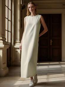 休闲无袖圆领杏色迷你连衣裙 - 杏色 - 查看 1