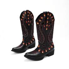 Giày bốt cao cổ đến giữa bắp chân, kiểu dáng retro, chất liệu vải khoét rỗng, họa tiết thêu ngọn lửa. - màu đen - Xem 8