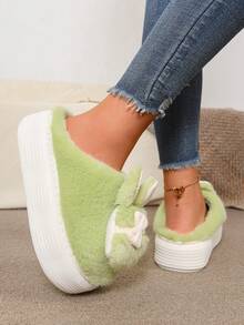 Comfortable Thermal Slippers With Soft Faux Fur, Bow Decor, Thick Sole, Non-Slip, Warm For Home Use In Autumn/Winter