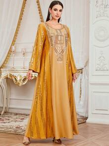 Vestido largo de bata de tela tejida para mujer, cuello redondo largo con lentejuelas brillantes y decoración de bordado, amarillo primavera - Amarillo - Ver 5