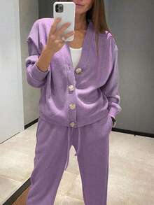 Set de 2 piezas de chaqueta de punto casual y pantalones con cordón para mujer - Morado - Ver 4