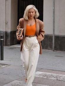 V Neck Long Sleeve Bodysuit - Comfy Double Lined Basic Top - Orange - View 9