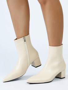 Botas Femininas de Cano Médio Bico Fino, Salto Grosso, Versátil, Primavera/Outono