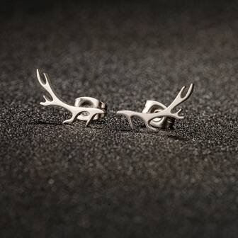 1Pair Of New Small Design Wishing Deer Antler Earrings, Fashionable, Fresh, Forest Style, Female Style, Simple, Stainless Steel, Elk Antlers, Men And Women's Models