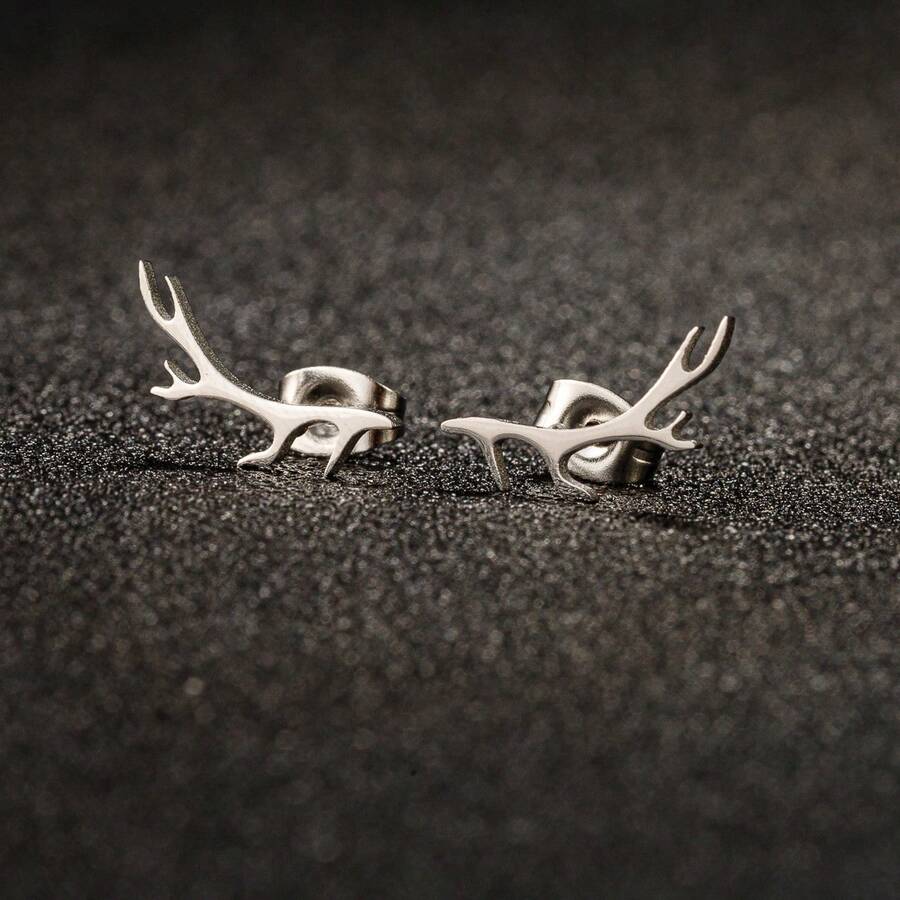 1Pair Of New Small Design Wishing Deer Antler Earrings, Fashionable, Fresh, Forest Style, Female Style, Simple, Stainless Steel, Elk Antlers, Men And Women's Models