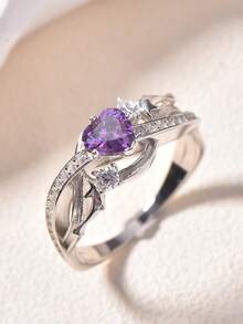 1pc S925 Silver Dolphin Heart Shaped Ring With Purple Main Stone, Suitable As Jewelry Gift For Wedding, Party, Birthday, Friends & Family, Mother's Day