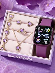 6/1 款女孩时尚优雅浪漫经典 LED 数字显示方形电子表套装。适合女孩佩戴。附赠珠宝手链、项链、戒指和耳环套装。适合学生佩戴。非常适合返校、聚会和旅行等日常生活中使用。非常适合作为送给朋友的礼物、生日礼物、毕业季礼物，也是送给妈妈的完美礼物。 - 彩色 - 查看 1