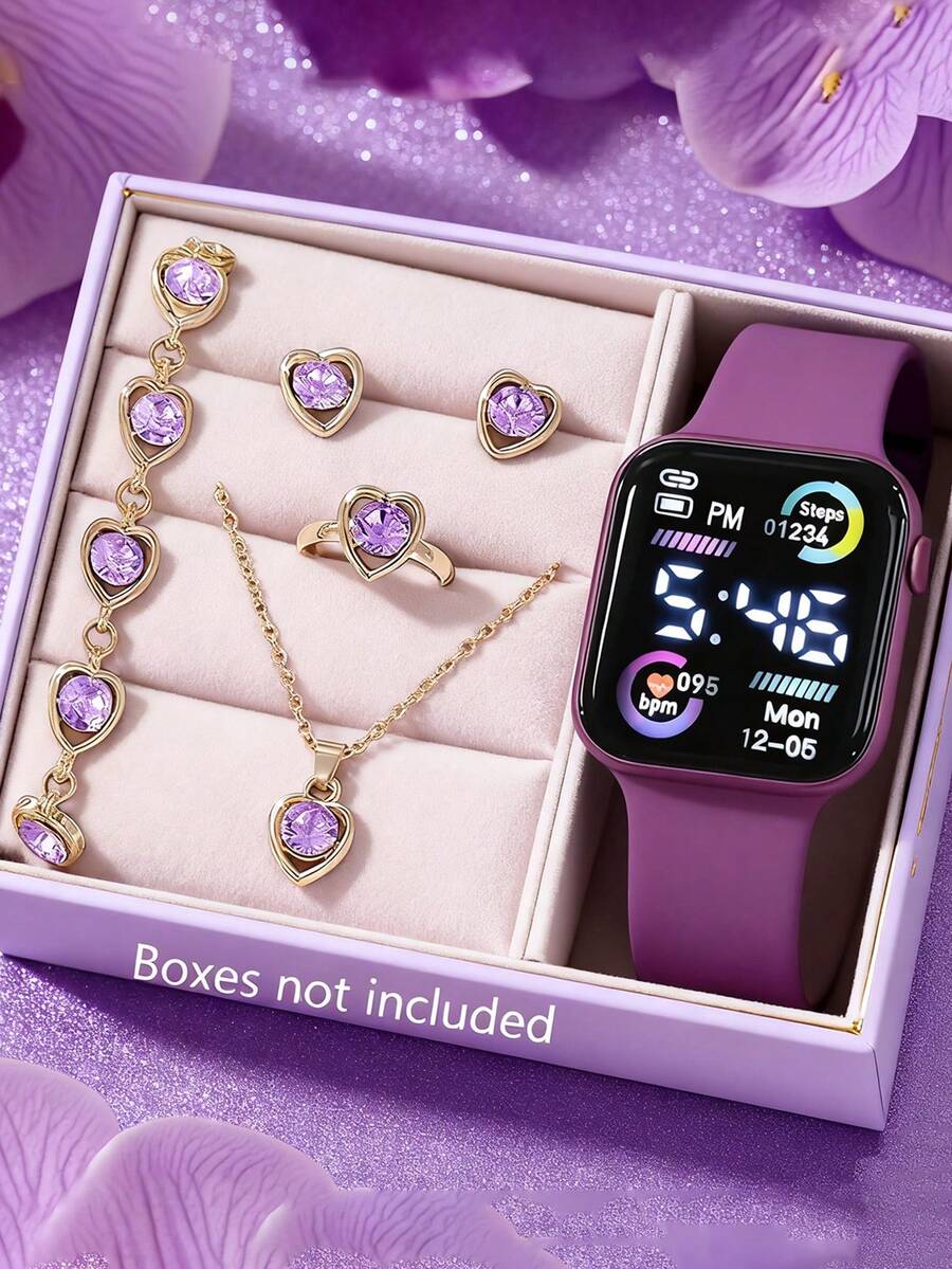 6/1 款女孩时尚优雅浪漫经典 LED 数字显示方形电子表套装。适合女孩佩戴。附赠珠宝手链、项链、戒指和耳环套装。适合学生佩戴。非常适合返校、聚会和旅行等日常生活中使用。非常适合作为送给朋友的礼物、生日礼物、毕业季礼物，也是送给妈妈的完美礼物。 - 彩色 - 查看 1