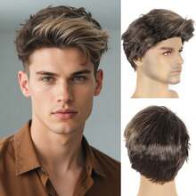 Short Brown Wigs For Men Curly Layered Natural Looking Side Part Hair Heat Resistant Synthetic Wigs With Wig Cap A Greyish-White Men's Wig