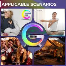 EIGIIS 1个智能台灯，10种灯光模式（5.91*5.91*2.11英寸），内置扬声器，支持15W无线充电，具备节奏RGB灯光、氛围灯、日出闹钟、唤醒灯等功能，适用于卧室和客厅，也可作为智能台灯使用。