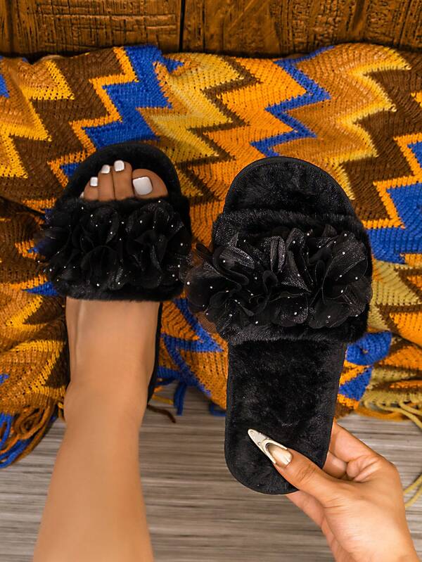 Pantuflas de casa con puntera abierta y forro térmico con estampado floral para mujer, pantuflas divertidas y esponjosas para el dormitorio para otoño/invierno, nuevas pantuflas bohemias cálidas y peludas con estampado floral, pantuflas planas ligeras y cómodas para exteriores