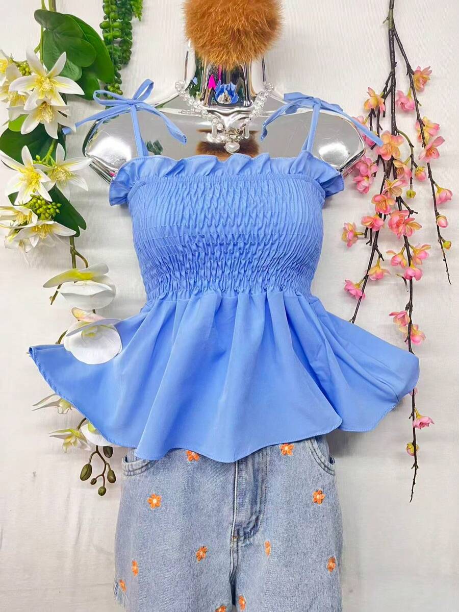 T109Crop Top With Straps And Ruffles - Baby Blue - View 1