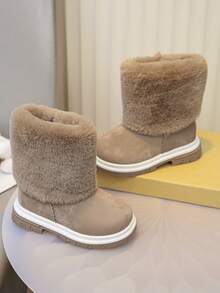 女童时尚可爱高筒人造毛皮雪地靴，柔软舒适保暖 - 卡其色 - 查看 5