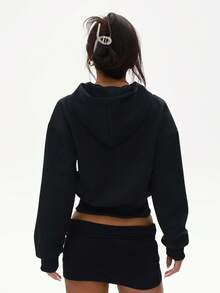 WAKYME Versatile Dark Grey Cinched Waist Sweatshirt For Women, Loose Casual Streetwear Round Neck Pullover Sweatshirt, Autumn/Winter - Black - View 6