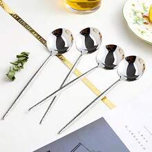 Cuchara de sopa martillada de acero inoxidable cuchara larga coreana de mango redondo 4 cucharas martilladas de acero 8 pulgadas. - Acero inoxidable - Ver 3