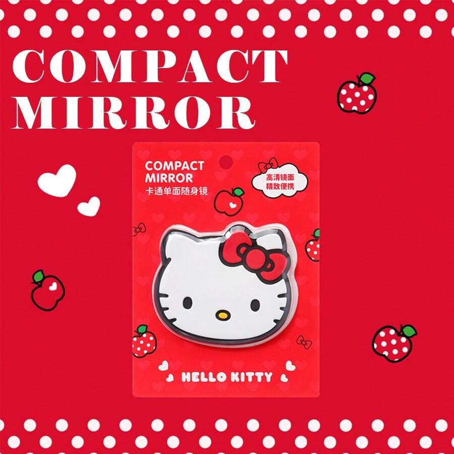 Miniso Sanrio Hello Kitty 经典双面折叠口袋镜 - 方形 纯粉色背景 Hello Kitty & 熊图案 高清镜子 轻巧便携 出门必备 (1 件) - 白色 - 查看 1