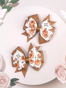 2pcs Capybara Print Hair Bows For Girls Cute Capybara Bow Hair Clips Brown Grosgrain Ribbon Bow Hairpins Holiday Birthday Party Headpiece Baby Hair Accessories