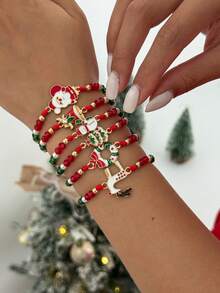 6pcs/Set Cute & Elegant Christmas Tree, Bell, Snowman Decor CCB Bracelet Set, Luxurious & Versatile Jewelry Bracelet Gift For Women, Daily & Christmas Party (No Card Included)