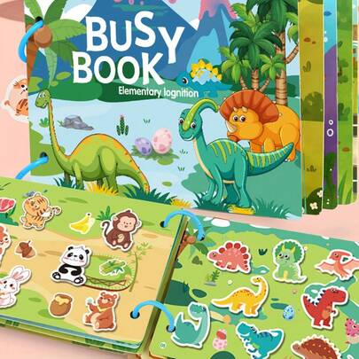 [互动忙碌书套装] 4 件忙碌书套装 | 适合 3-6 岁儿童的互动教育贴纸书 | 早期发展字母和词汇 | 耐用纸张，可重复使用的有趣形状 | 动物插图安静书，完美的节日礼物