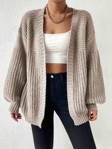 Plus Size Long Sleeve Thigh Length Knitwear Cardigan, Cozy And Stylish With Slight Stretch For Comfortable Wear