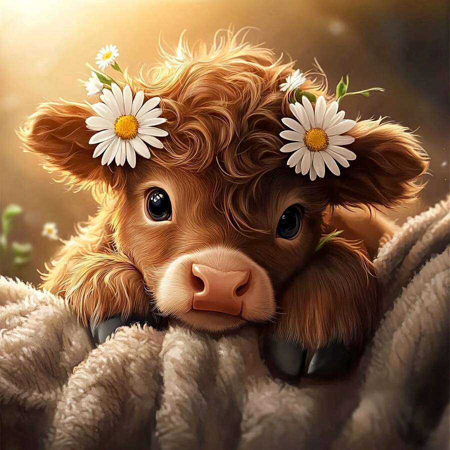 可爱高地牛图案亚克力钻石画套装，成人手工 5D 钻石艺术全人造圆形和方形水晶钻石贴纸家居客厅无框墙面装饰 - 彩色 - 查看 1