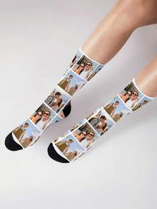 1 Pair Customized Face Socks, Customized Photo Printed Mid-Calf Socks, Suitable As Anniversary, Halloween, Christmas, Bride's Gift, Boyfriend's Gift, Unique Couple Socks, Men's Calf Socks, Thick Women's Long Socks For Autumn/Winter - Multicolor - View 4