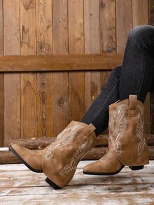 Damen Stickerei Slip-On Plateau Absatz Stiefel bis zur Mitte des Knöchels, modische einfarbige Stiefel für Herbst/Winter