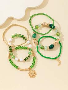 6pcs/Set Green Glass Bead & Crystal Bead Stretch Bracelet With Metal Sun & Moon Charms, Fashion Bracelets For Women