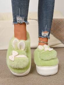 Comfortable Thermal Slippers With Soft Faux Fur, Bow Decor, Thick Sole, Non-Slip, Warm For Home Use In Autumn/Winter