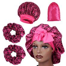 5Pcs Set Large Satin Bonnets With Scrunchies For Women, Elastic Wide Brimmed Leopard Hair Bonnet Long Elastic Tie Bonnet For Sleeping Braids Curly Hair 1PC Satin Bags 2pcs 2 PCs Scrunchies Hair Care Set Night Sleeping Travel Storage Bag Pink Brown Hot Pink Gift For Women