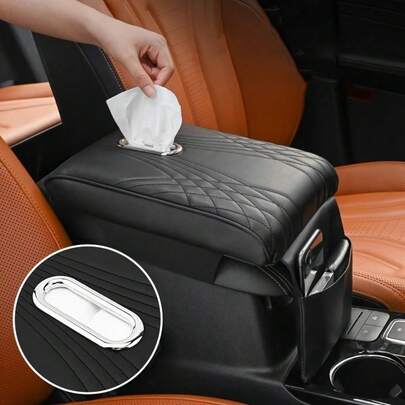 Car Central Armrest Box Heightening Pad, PU Leather Memory Cotton Armrest Box Pad With Tissue Box And Storage Bag