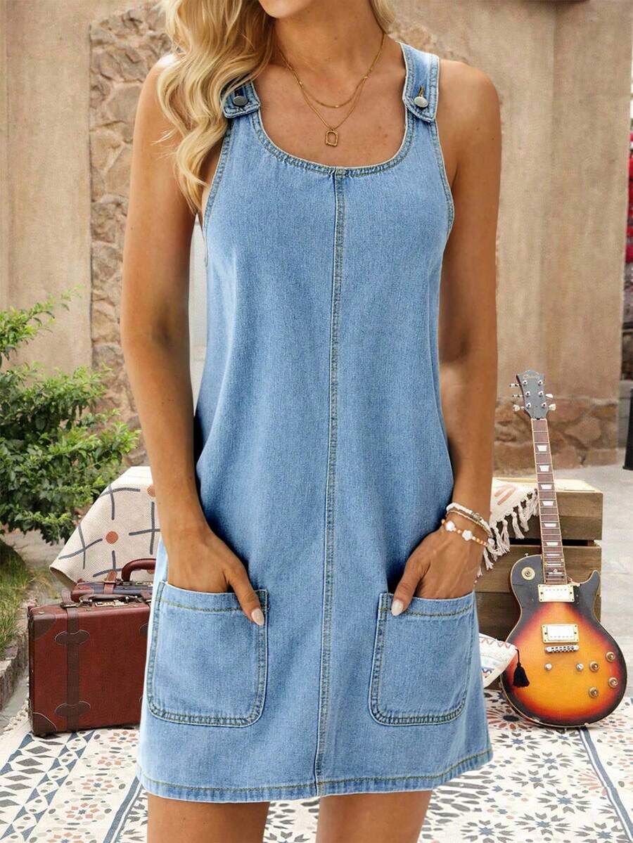 女士无袖牛仔连衣裙适合外出参加聚会 - 淺色水洗藍 - 查看 1