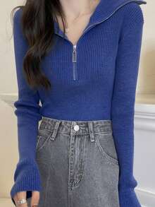 女士修身百搭拉链半领长袖针织上衣，休闲设计 - 藍色 - 查看 6