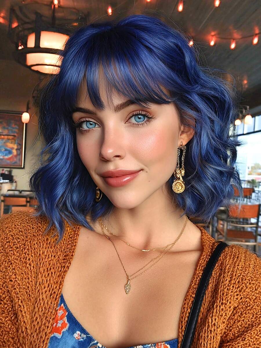 Ombre Blue Short Wavy Wig With Bangs For Lolita Role Play, Platinum Blonde Bob Style, Heat Resistant Synthetic Wig, Suitable For Women's Daily And Party Wear - 藍色 - 查看 1